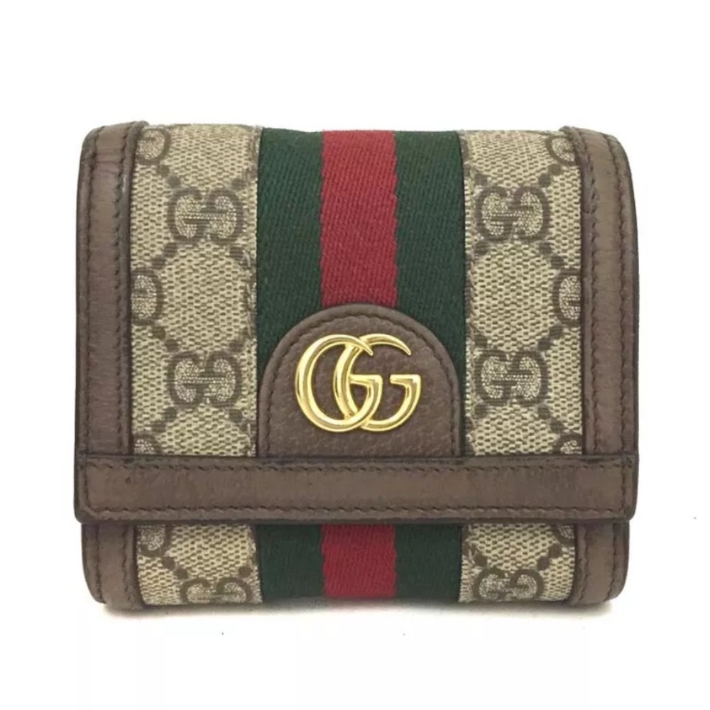 Gucci Brown Beige Monogram Wallet with Green and Red Web